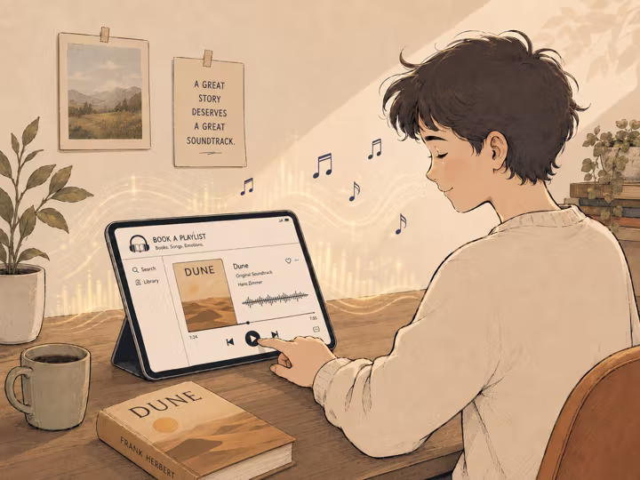 Lecture d'une bande-son dans Book a playlist, les ondes sonores s'échappant de l'appareil.